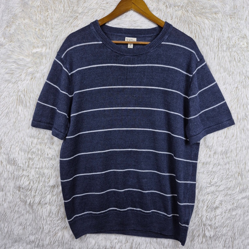 J.Crew Mens Blue Striped 100% Linen Short Sleeve Knit Sweater Medium CJ388